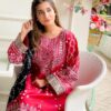 3 Pcs Stitched Silk Mirror Work Suit - Red - Image 2